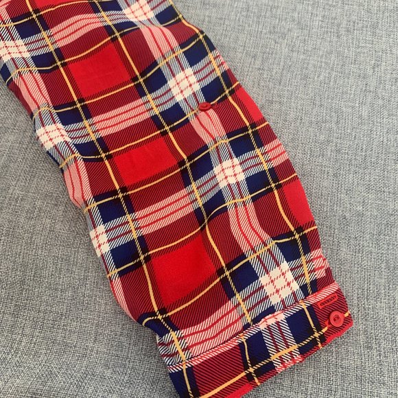 Cals Red Plaid Long Half Button Shirt Oversized Lightweight Top Small Semi-Sheer - Picture 9 of 12